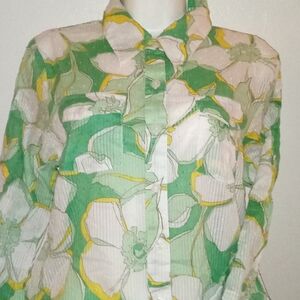 Floral Green and Yellow Button-Up Blouse Size 20 And With 24 Length